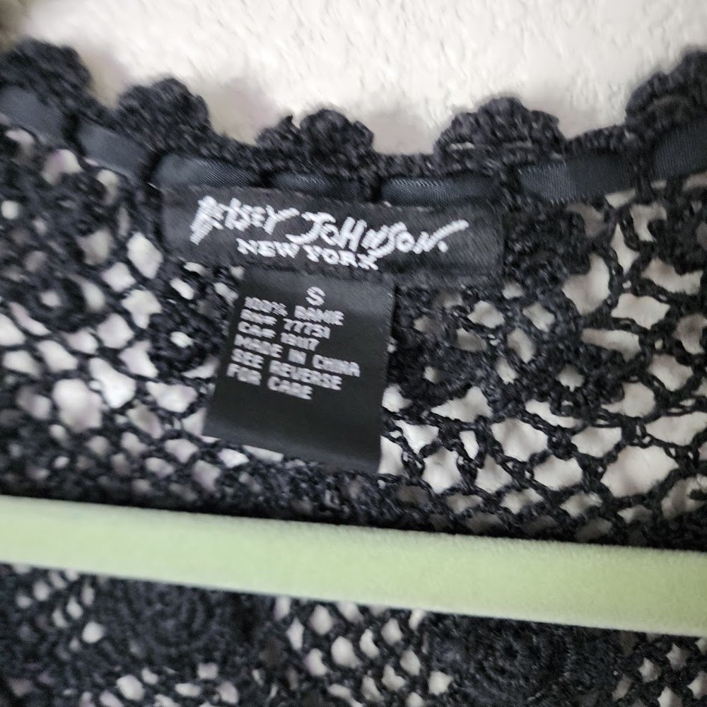 BETSEY JOHNSON NEW YORK Black Crochet Lace Cardigan Tie‎ Front Whimsigoth Y2K S - Picture 3 of 9